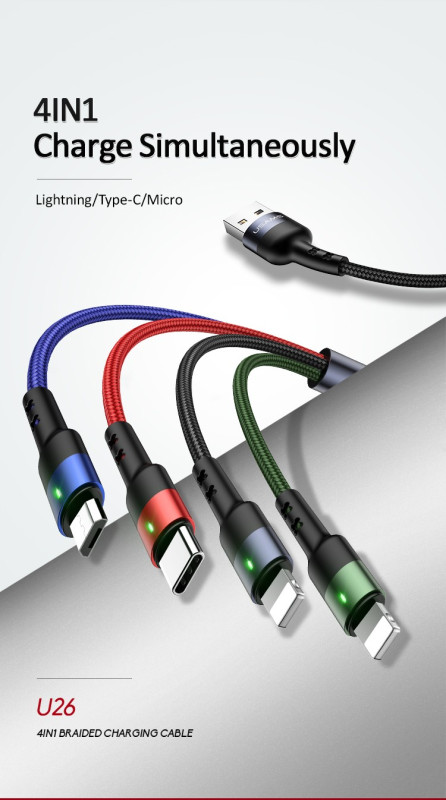 USAMS ® 4 in 1 Aluminum Alloy Light Indicator Nylon Braided Cable with (Type C + 2 Lightning + Micro USB) Cable in One