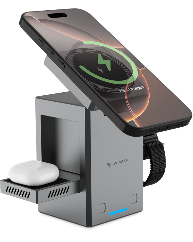 Vaku Luxos ® Autopod 3in1 Wireless Charger Qi2 Certified 23W MagSafe Touch To Unfold Charging Stand For iPhone 16/16 Plus/16 Pro/16 Pro Max,15/14/13/12 Series, AirPods 2/3/Pro Series 9/4/SE