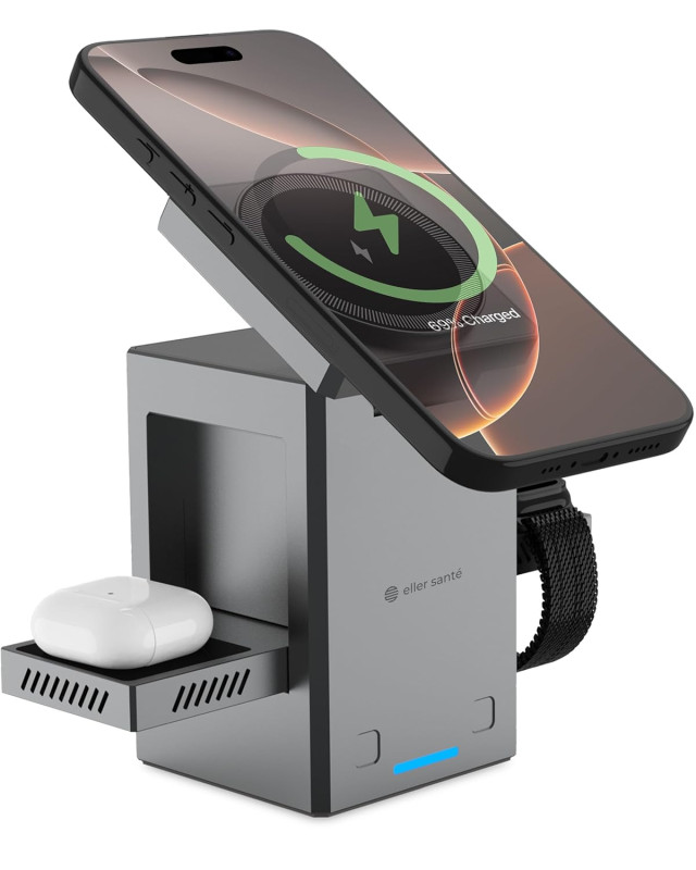 eller santé ® Autopod 3in1 Wireless Charger Qi2 Certified 23W MagSafe Touch To Unfold Charging Stand For iPhone 16/16 Plus/16 Pro/16 Pro Max,15/14/13/12 Series, AirPods 2/3/Pro Series 9/4/SE