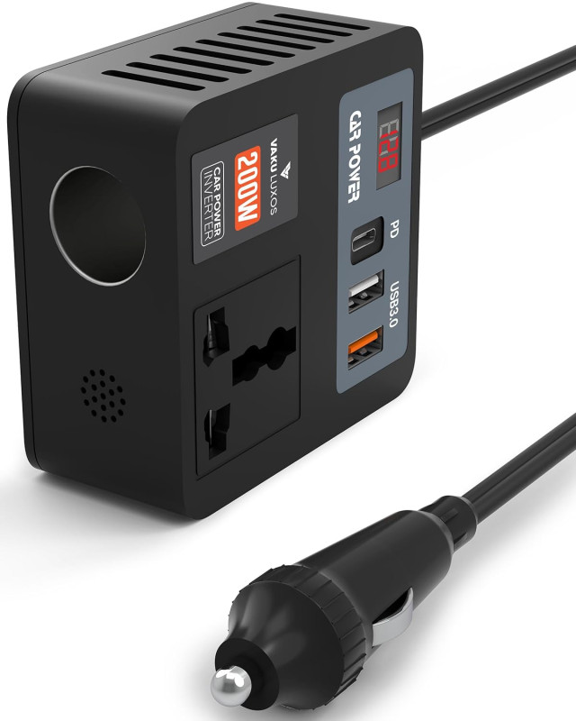 DR VAKU® VoltDrive Neo 5in1 200 Watt Car Laptop Charger Fast Charging/Car Power Inverter Portable,12V DC to 220V AC Socket Converter (1x 3Pin Plug, 2X USB, 1x 30W PD) for Laptop, Mobile & Others