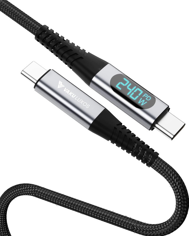 Vaku Luxos® CRUZE 1M 240W USB4 / Thunderbolt 4 Type C to Type C Data Cable with Intelligent Power Display, 40Gbps High-Speed Data Transfer, Upto 8K@60Hz Type C Monitor Compatible with iPhone 16, 15, Galaxy S25, S24, S23, Tablet, Laptop, eGPU