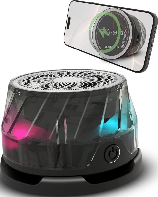 Vaku Luxos® 4-in-1 Magnetic Bluetooth Speaker 15W Wireless Charger for iPhone, iwatch & Airpods RGB Light 7 Hours Listening Time TWS Pairing Portable Phone Stand