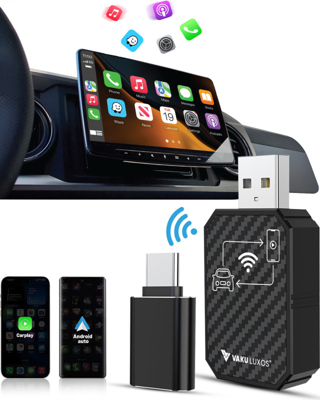 Vaku Luxos ® AUTOELITE Wireless CarPlay Adapter With Wireless Android Auto, Bluetooth, GPS Navigation, Voice Control, Car Audio Receiver & Music