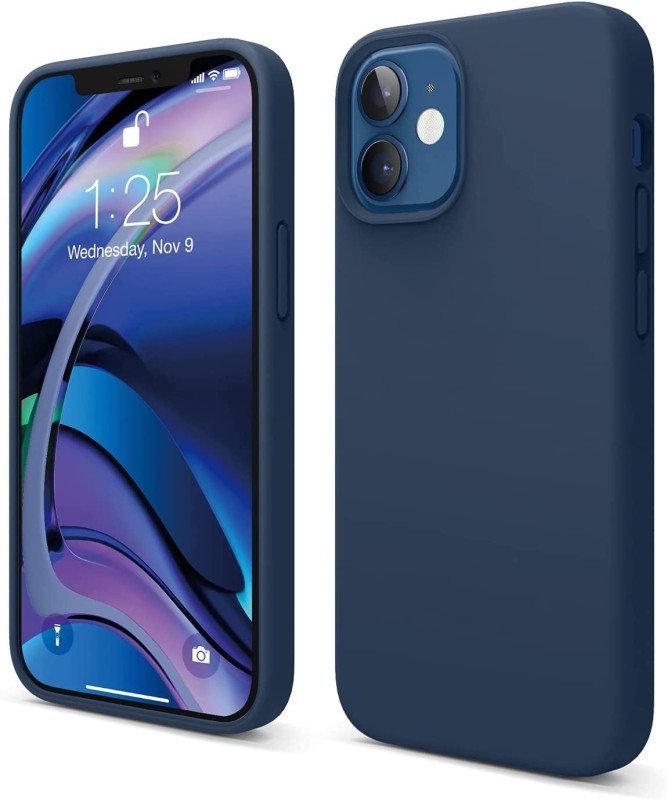 Vaku ® 2in1 Combo Apple iPhone 12 Mini Liquid Silicon Velvet-Touch Silk Finish Shock-Proof Back Cover with Dust filter Tempered Glass (Blue)