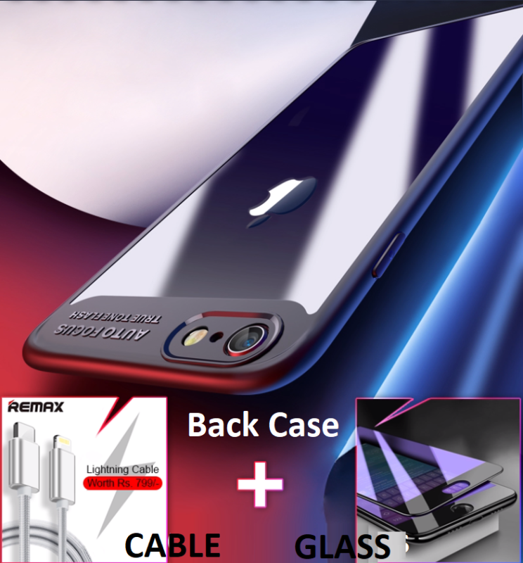 Combo Vaku ® Apple iPhone 7  Kowloon Series Top Quality Soft Silicone 4Ultra-thin Transparent Cover + 2.5D Tempered Glass + Charging Cable