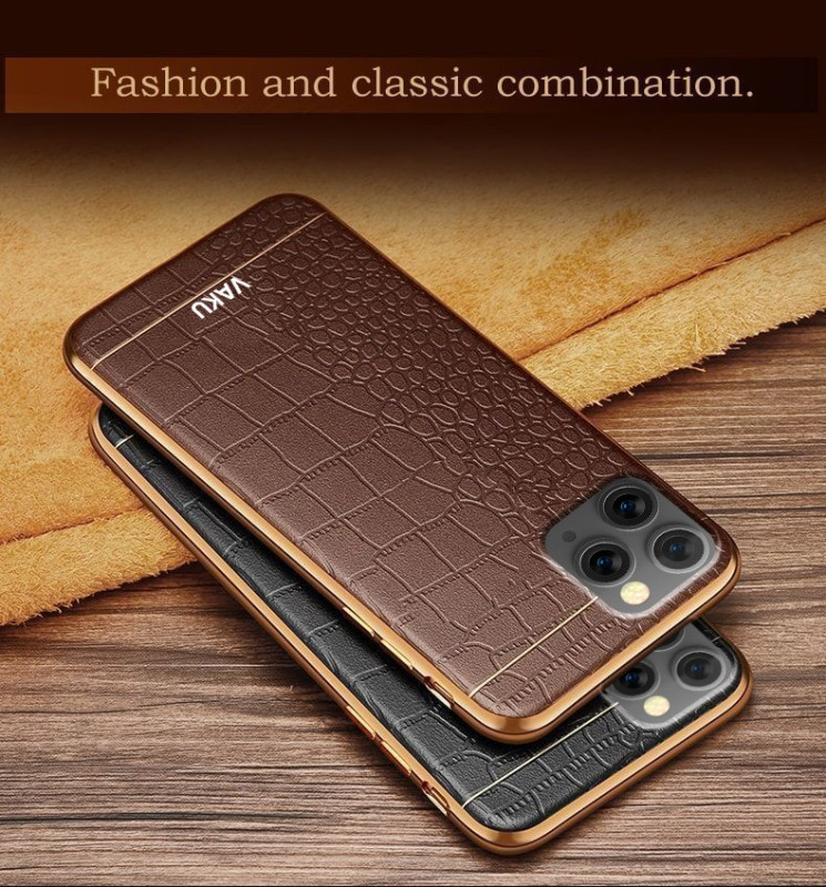 VAKU ® Apple iPhone 11 Pro Max European Leather Stitched Gold Electroplated Soft TPU Back Cover