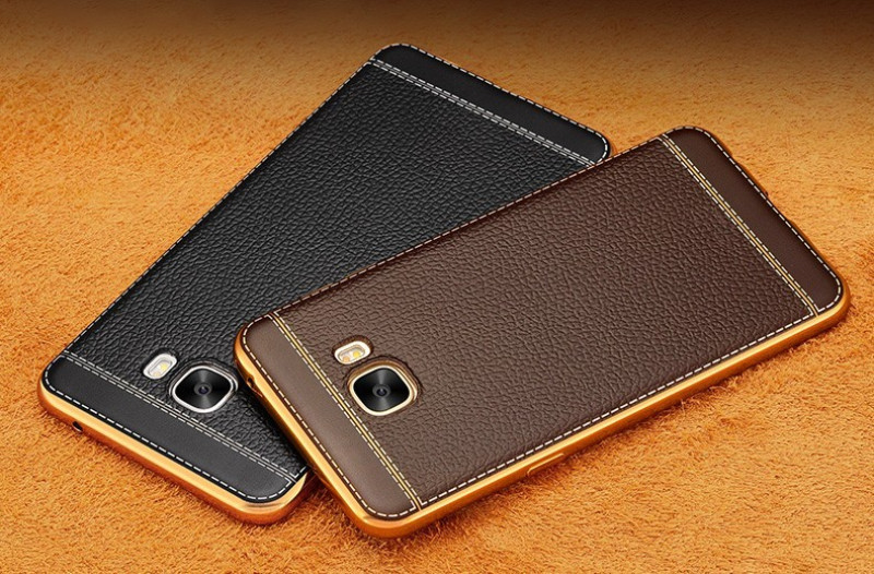 Vaku ® Samsung Galaxy C7 Pro Leather Stitched Gold Electroplated Soft TPU Back Cover
