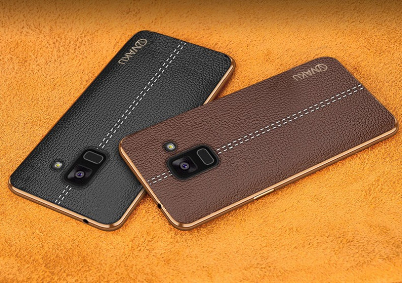 Vaku ® Samsung Galaxy A8 Plus Lexza Series Double Stitch Leather Shell with Metallic Camera Protection Back Cover