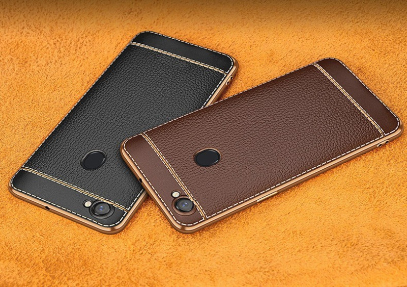 Vaku ® Oppo F5 Leather Stitched Gold Electroplated Soft TPU Back Cover