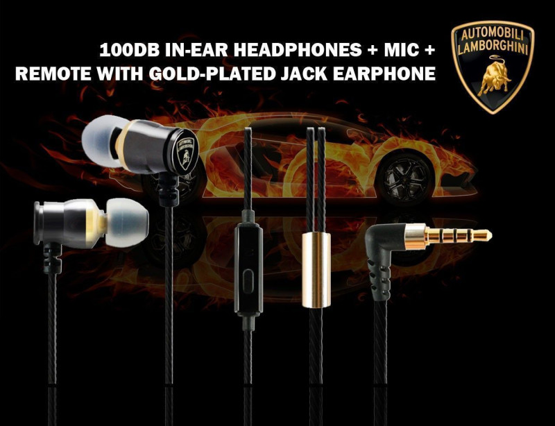 Lamborghini ® Official Huracan LP Deluxe Metallic High Fidelity 100dB In-Ear Headphones + Mic + Remote with Gold-plated Jack Earphone Black