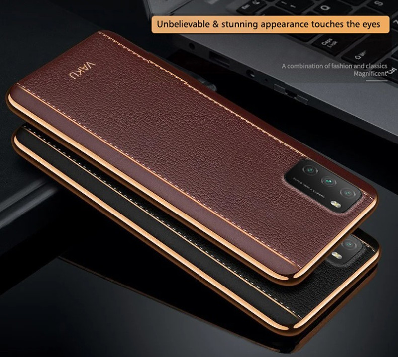 Vaku ® Poco M3 Vertical Leather Stitched Gold Electroplated Soft TPU Back Cover