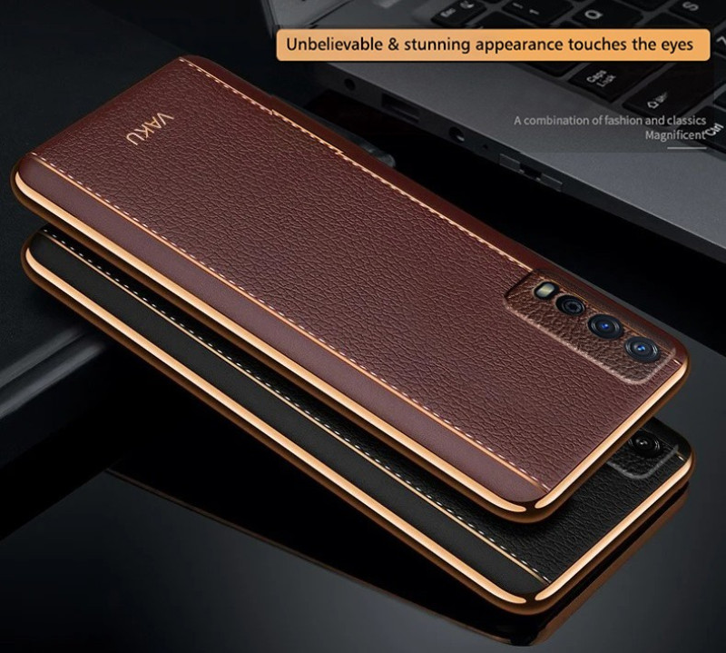 Vaku ® Vivo Y12S Vertical Leather Stitched Gold Electroplated Soft TPU Back Cover