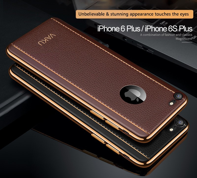 VAKU ® Apple iPhone 6 Plus / 6S Plus Vertical Leather Stitched Gold Electroplated Soft TPU Back Cover