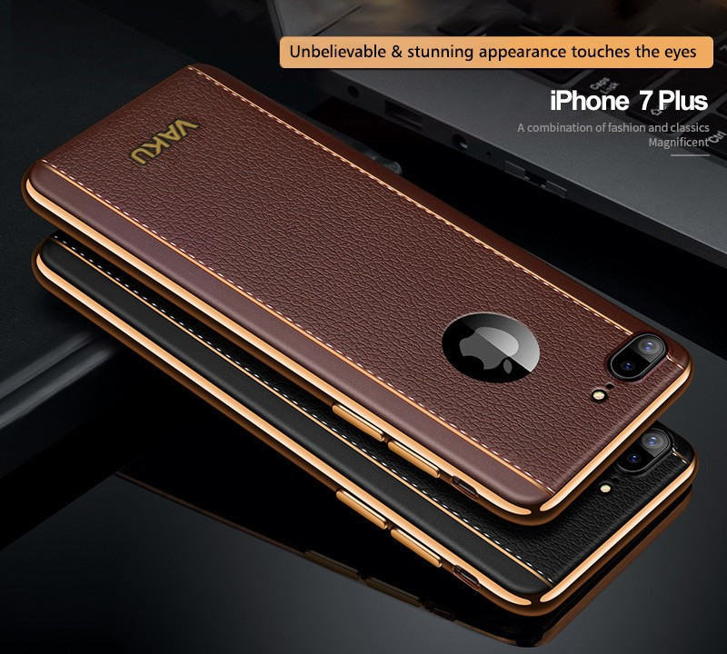 VAKU ® Apple iPhone 7 Plus Vertical Leather Stitched Gold Electroplated Soft TPU Back Cover