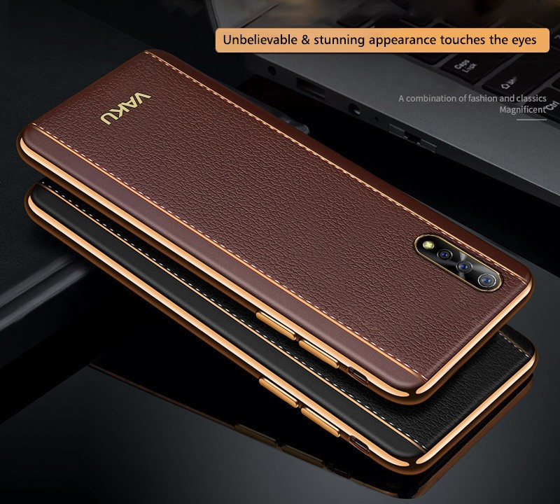 Vaku ®  Vivo S1 Vertical Leather Stitched Gold Electroplated Soft TPU Back Cover