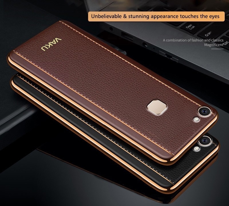 Vaku ® Vivo V7 Plus Vertical Leather Stitched Gold Electroplated Soft TPU Back Cover