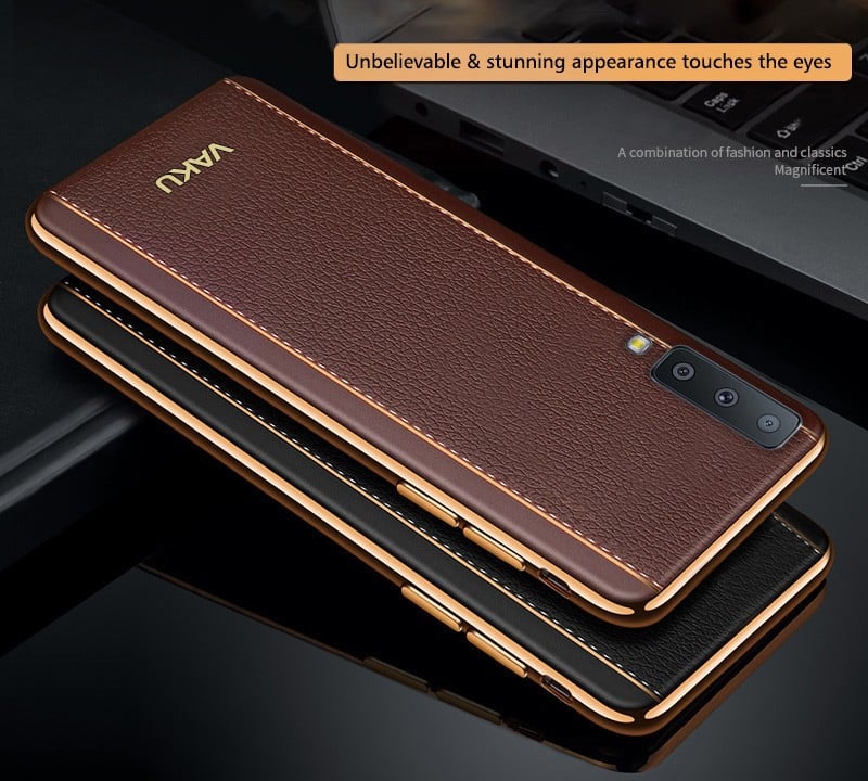 Vaku ® Samsung Galaxy A7 (2018) Vertical Leather Stitched Gold Electroplated Soft TPU Back Cover