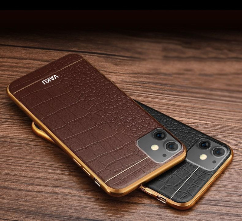 VAKU ® Apple iPhone 11 European Leather Stitched Gold Electroplated Soft TPU Back Cover