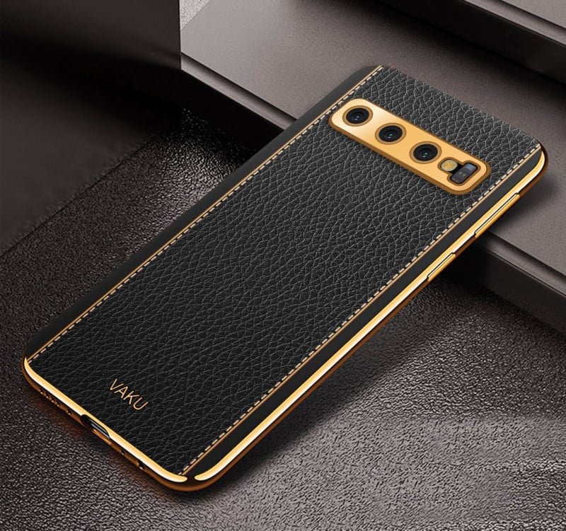 Vaku ® Samsung Galaxy S10 Luxemberg Series Leather Stitched Gold Electroplated Soft TPU Back Cover