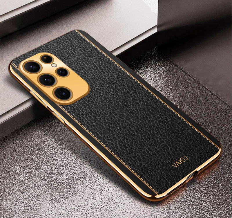 Vaku ® Samsung Galaxy S23 Ultra Luxemberg Series Leather Stitched Gold Electroplated Soft TPU Back Cover