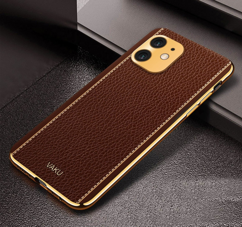 Vaku ® For Apple iPhone 11 Luxemberg Series Leather Stitched Gold Electroplated Soft TPU Back Cover