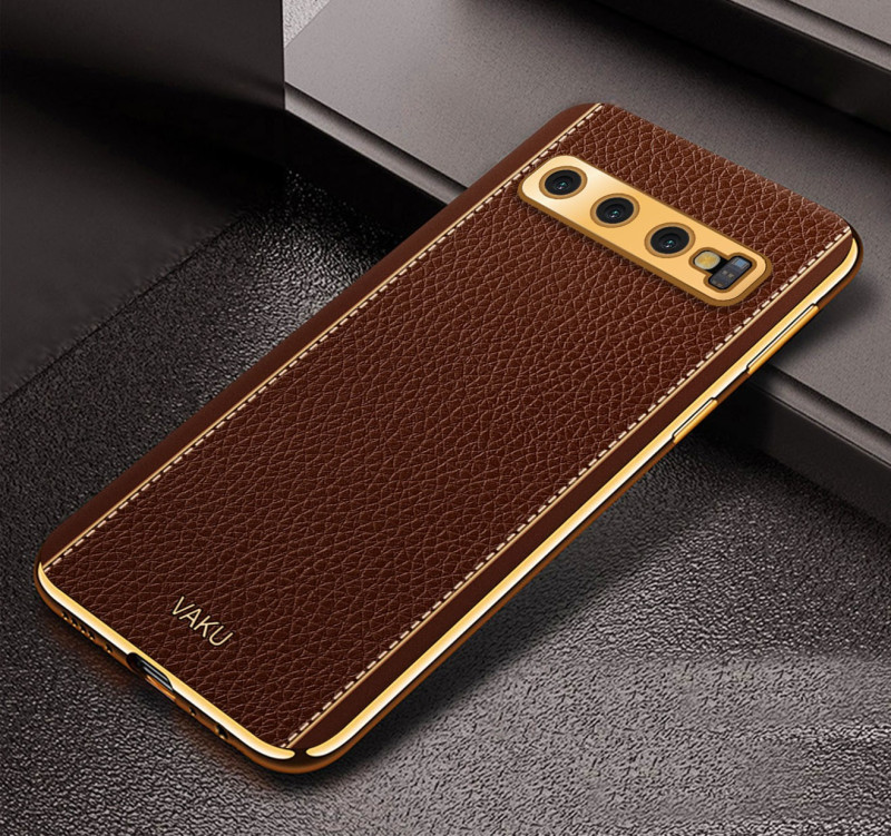 Vaku ® Samsung Galaxy S10 Plus Luxemberg Leather Stitched Gold Electroplated Soft TPU Back Cover