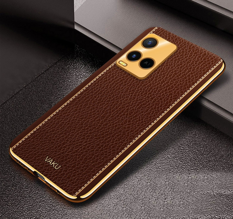 Vaku ® Vivo Y21G  Luxemberg Series Leather Stitched Gold Electroplated Soft TPU Back Cover