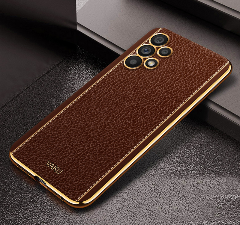 Vaku ® Samsung Galaxy A13 Luxemberg Leather Stitched Gold Electroplated Soft TPU Back Cover