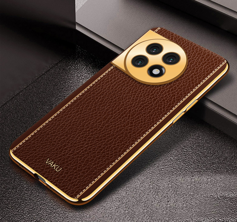 Vaku ® OnePlus 11 Luxemberg Series Leather Stitched Gold Electroplated Soft TPU Back Cover