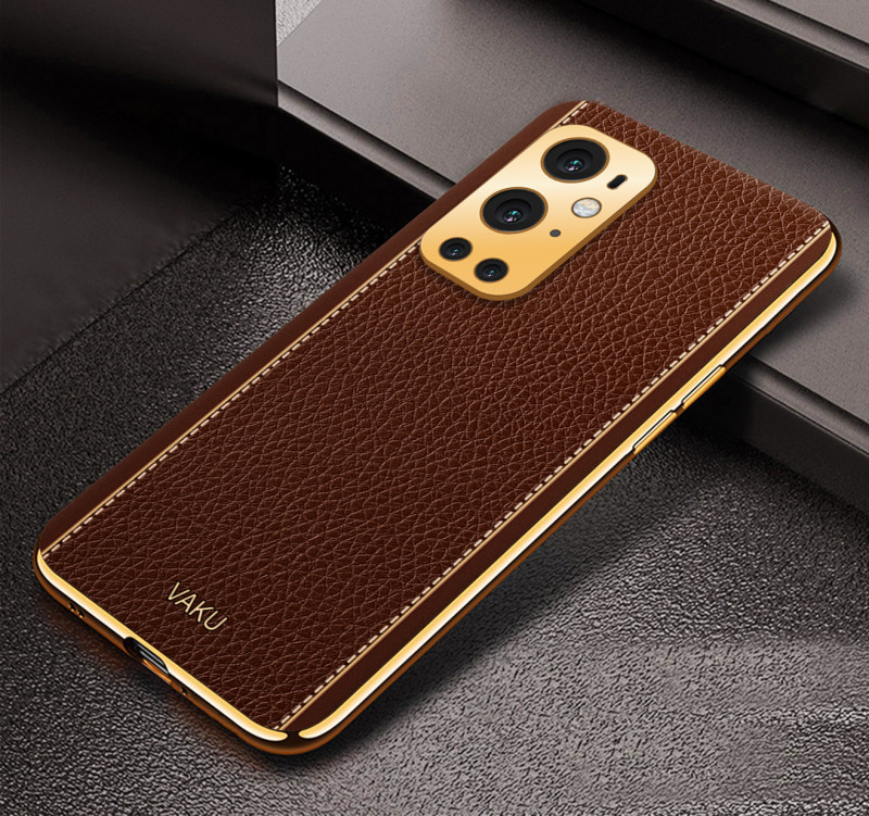 Vaku ® OnePlus 9 Pro Luxemberg Series Leather Stitched Gold Electroplated Soft TPU Back Cover
