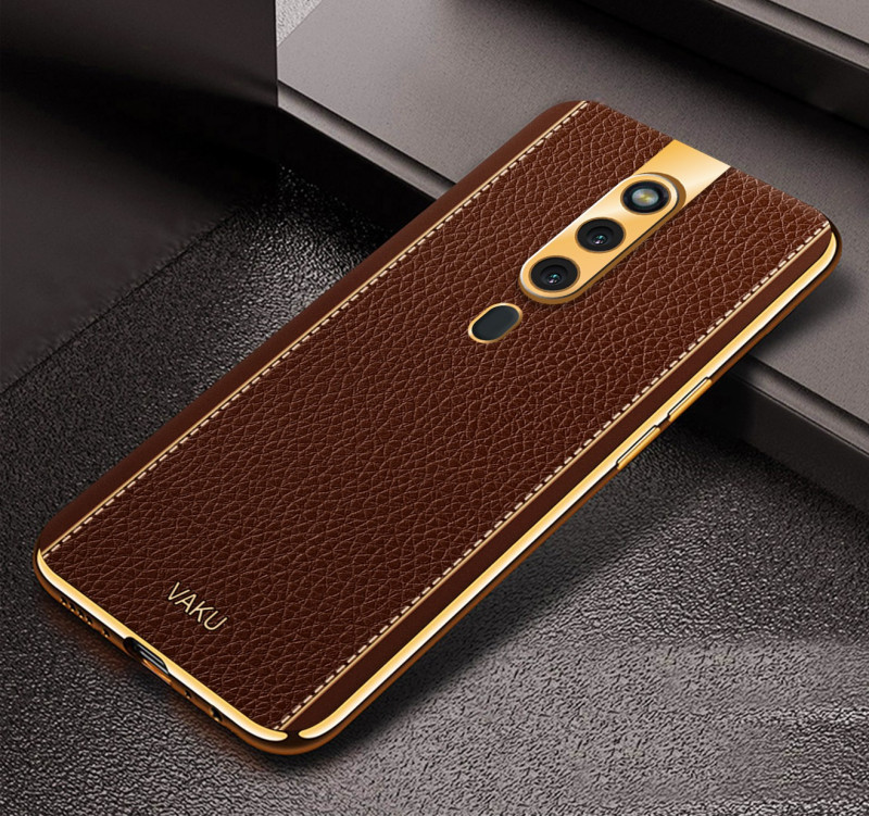 Vaku ® Oppo F11 Pro Luxemberg Series Leather Stitched Gold Electroplated Soft TPU Back Cover