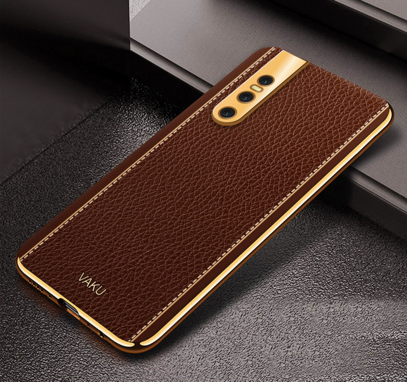Vaku ® Vivo V15 Pro Luxemberg Series Leather Stitched Gold Electroplated Soft TPU Back Cover