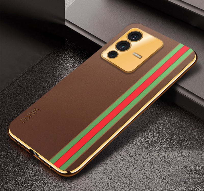 Vaku ® Vivo V23 5G Felix Line Leather Stitched Gold Electroplated Soft TPU Back Cover Case