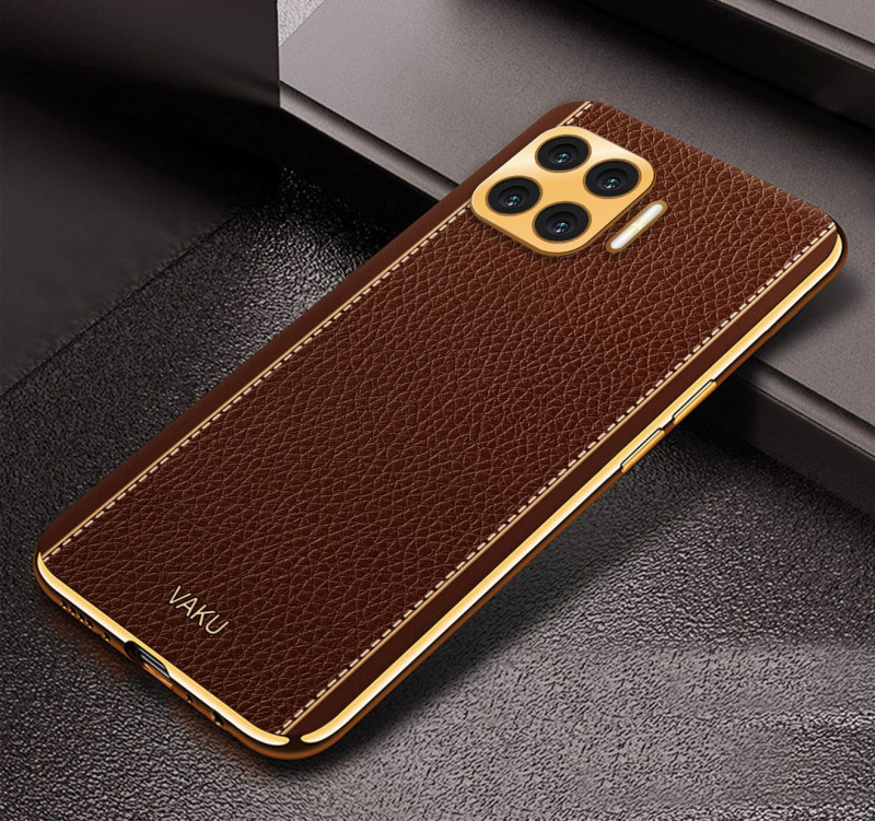 Vaku ® Oppo F17 Luxemberg Series Leather Stitched Gold Electroplated Soft TPU Back Cover