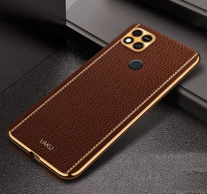 Vaku ® Xiaomi Redmi 10A Luxemberg Series Leather Stitched Gold Electroplated Soft TPU Back Cover