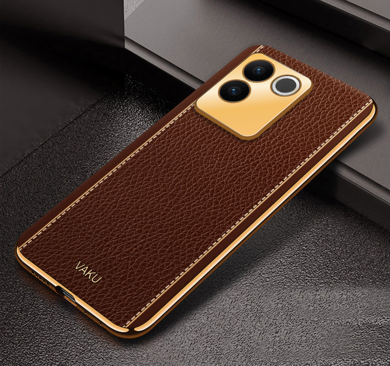 Vaku ® Vivo T2 Pro 5G Luxemberg Leather Pattern Gold Electroplated Soft TPU Back Cover