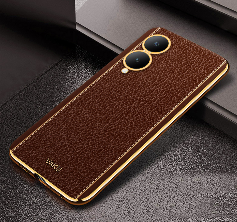 Vaku ® Vivo Y17s Luxemberg Leather Stitched Gold Electroplated Soft TPU Back Cover Case