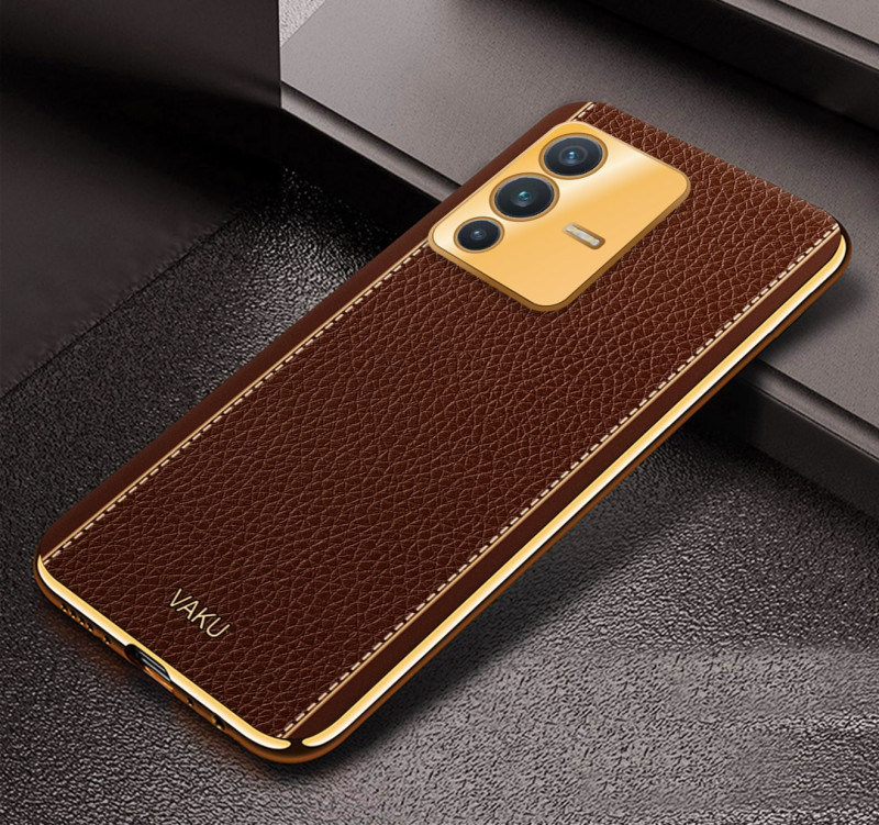 Vaku ® Vivo V23 5G Luxemberg Series Leather Stitched Gold Electroplated Soft TPU Back Cover