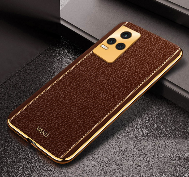Vaku ® Vivo Y73 Luxemberg Series Leather Stitched Gold Electroplated Soft TPU Back Cover