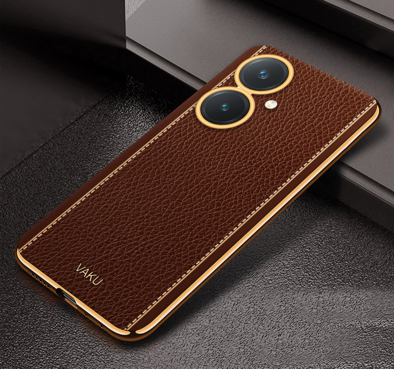 Vaku ® Vivo Y27 Luxemberg Series Leather Stitched Gold Electroplated Soft TPU Back Cover