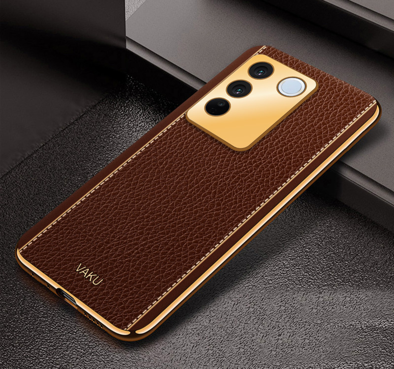 Vaku ® Vivo V27 5G Luxemberg Leather Pattern Gold Electroplated Soft TPU Back Cover