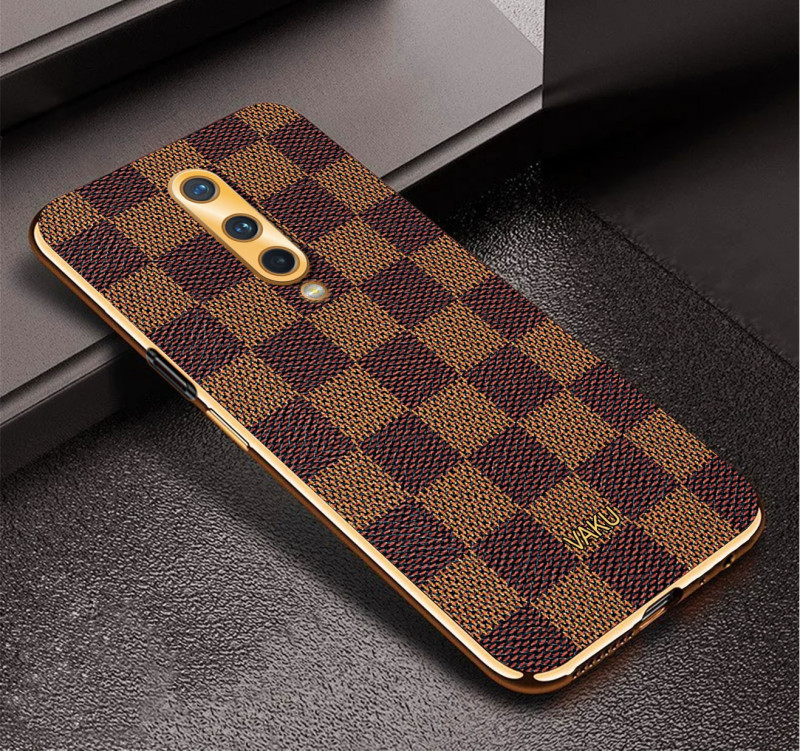 Vaku ® OnePlus 8 Cheron Series Leather Stitched Gold Electroplated Soft TPU Back Cover