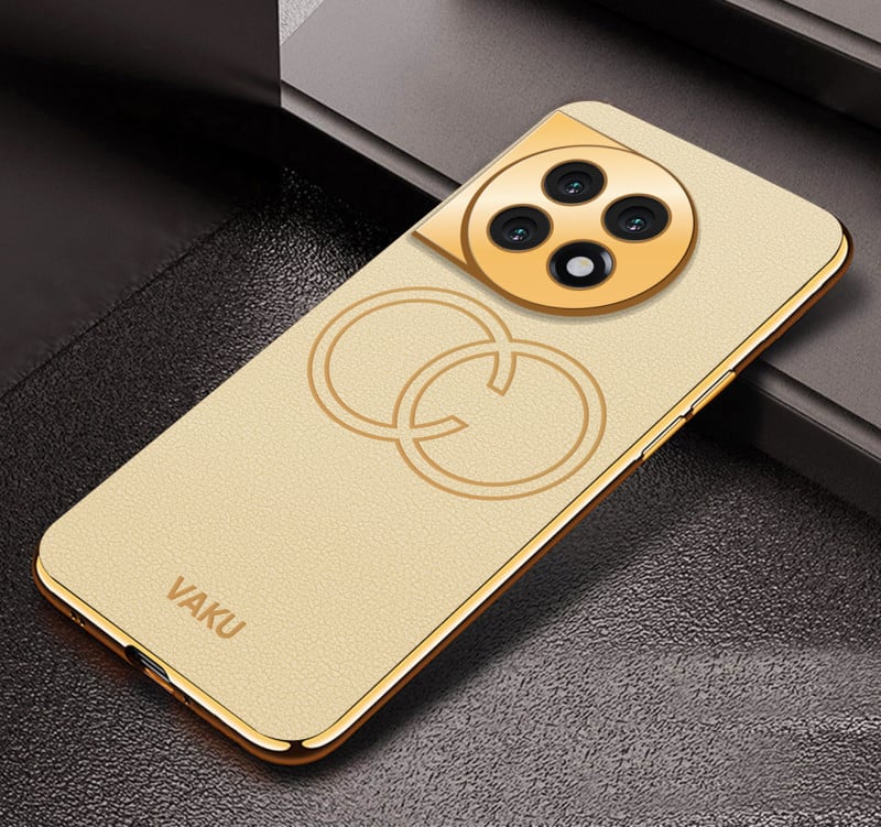 Vaku ® OnePlus 11 Skylar Series Leather Stitched Gold Electroplated Soft TPU Back Cover