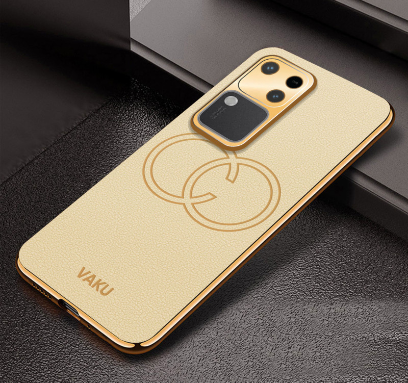 Vaku ® Vivo V30 5G Skylar Leather Pattern Gold Electroplated Soft TPU Back Cover