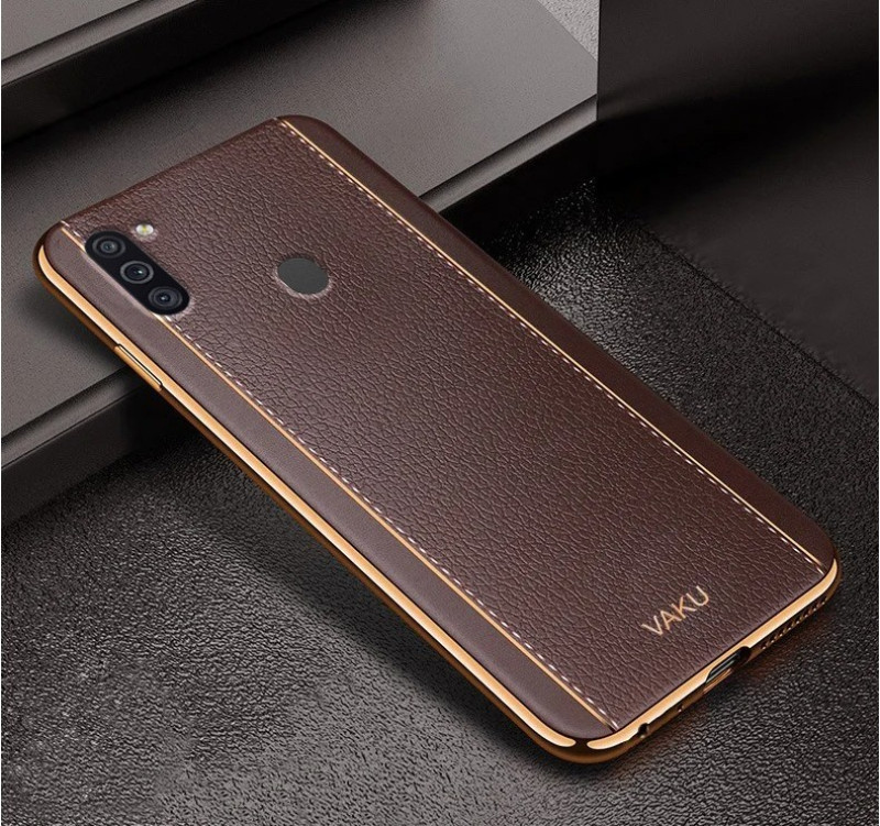 Vaku ® Samsung Galaxy M11 Vertical  Leather Stitched Gold Electroplated Soft TPU Back Cover
