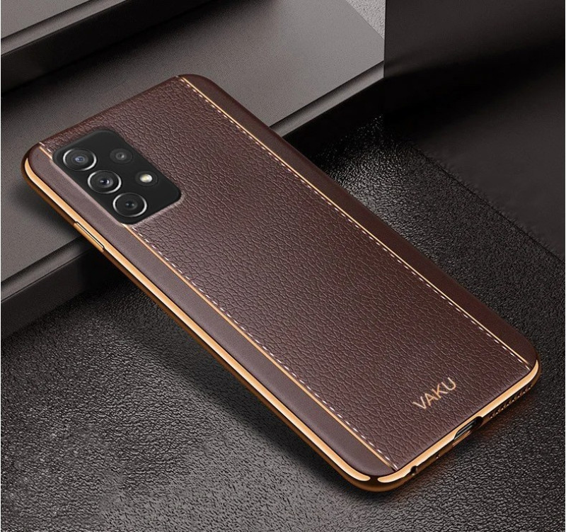 Vaku ® Samsung Galaxy A72 Vertical Leather Stitched Gold Electroplated Soft TPU Back Cover