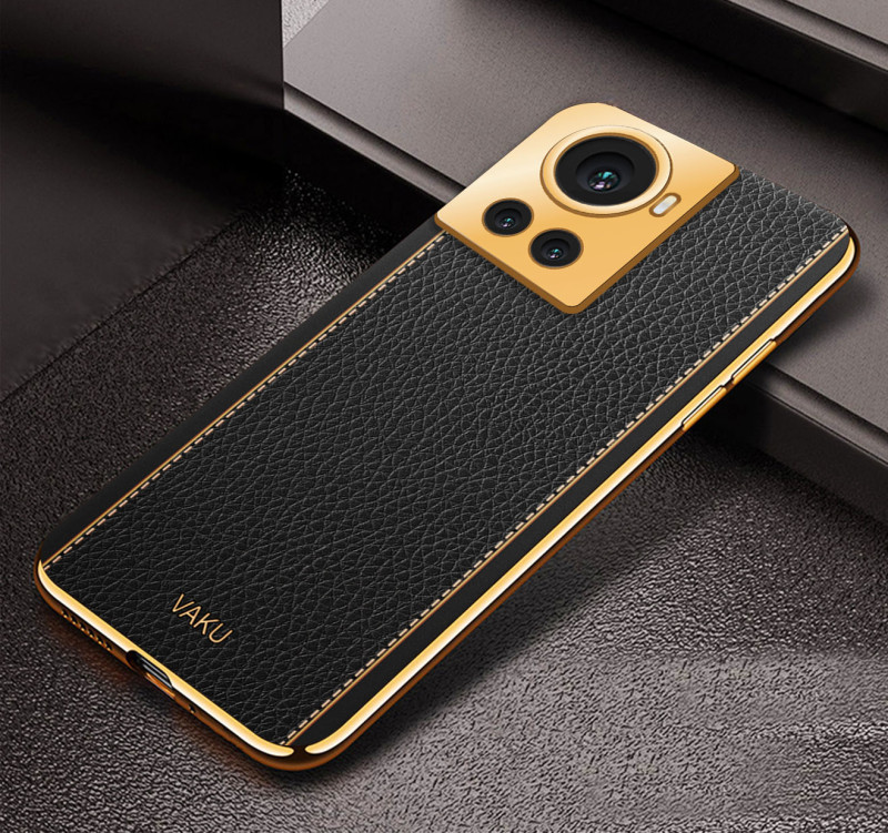 Vaku ® OnePlus 10R Luxemberg Series Leather Stitched Gold Electroplated Soft TPU Back Cover