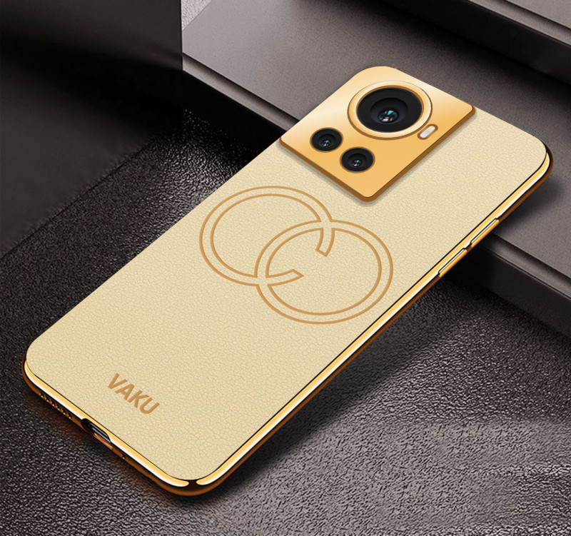 Vaku ® OnePlus 10R Skylar Series Leather Stitched Gold Electroplated Soft TPU Back Cover