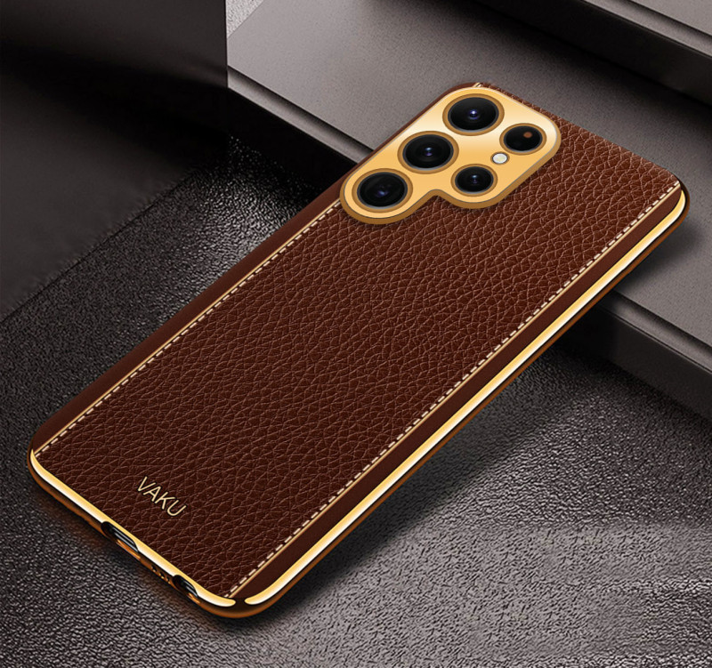 Vaku ® Samsung Galaxy S24 Ultra Luxemberg Leather Pattern Gold Electroplated Soft TPU Back Cover
