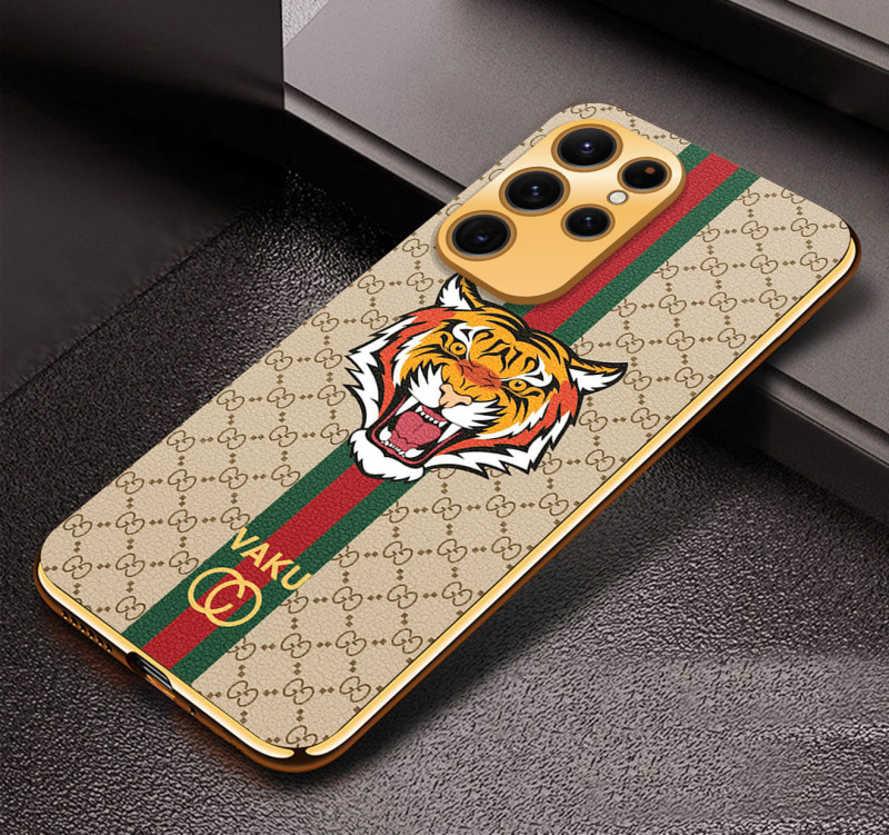 Vaku ® Samsung Galaxy S22 Ultra Lynx Leather Stitched Gold Electroplated Soft TPU Back Cover